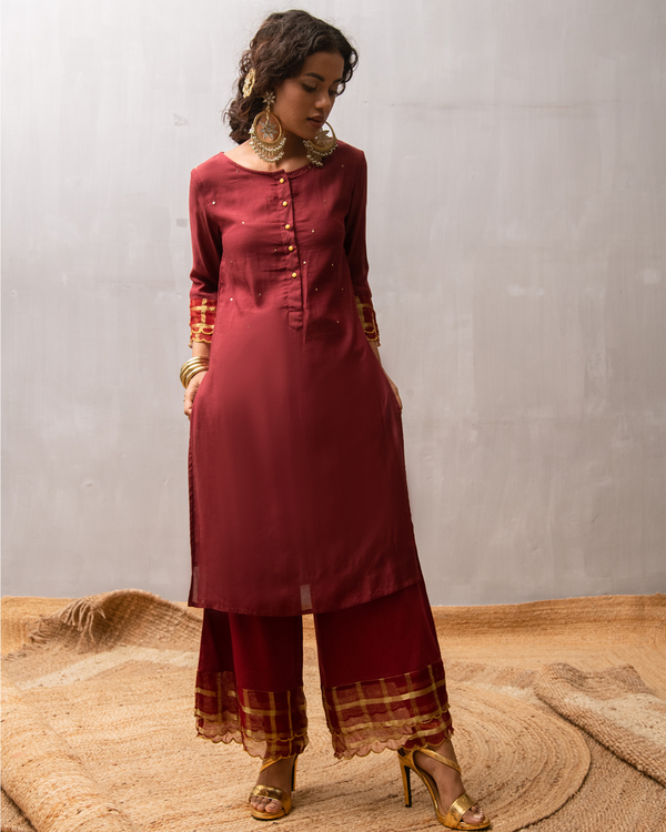 Rust sequined buttoned kurta and palazzo with dupatta - Set Of Three 1