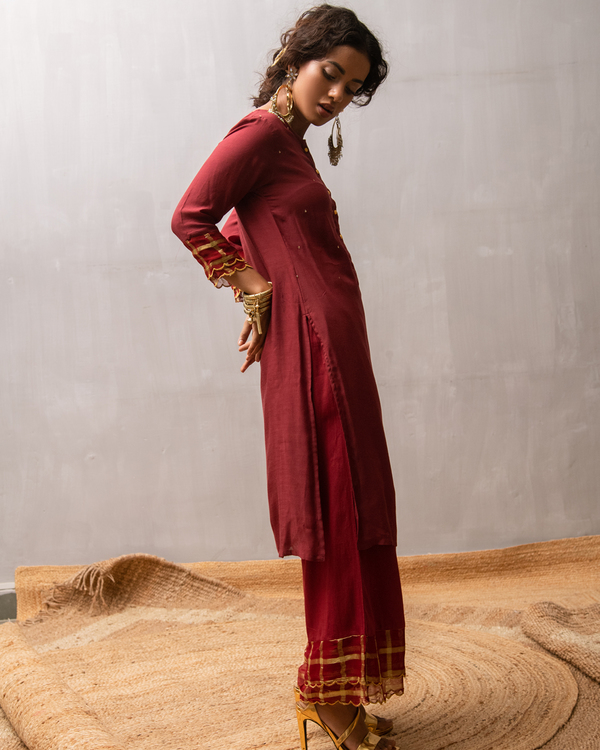 Rust sequined buttoned kurta and palazzo with dupatta - Set Of Three 2
