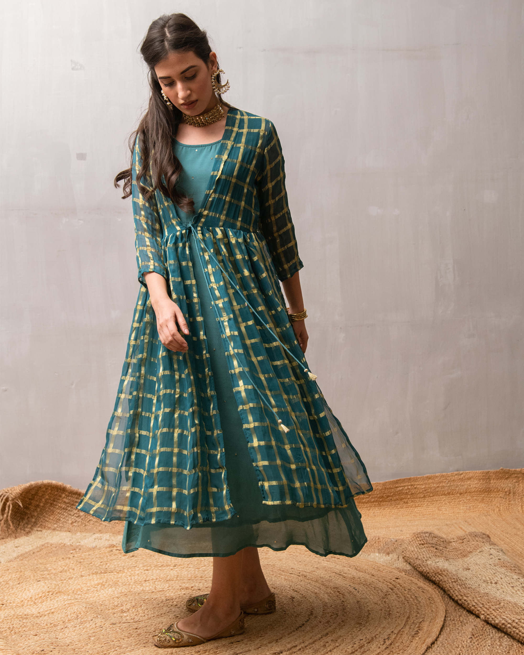 Teal blue and gold sequined dress with checkered cover up Set Of Two