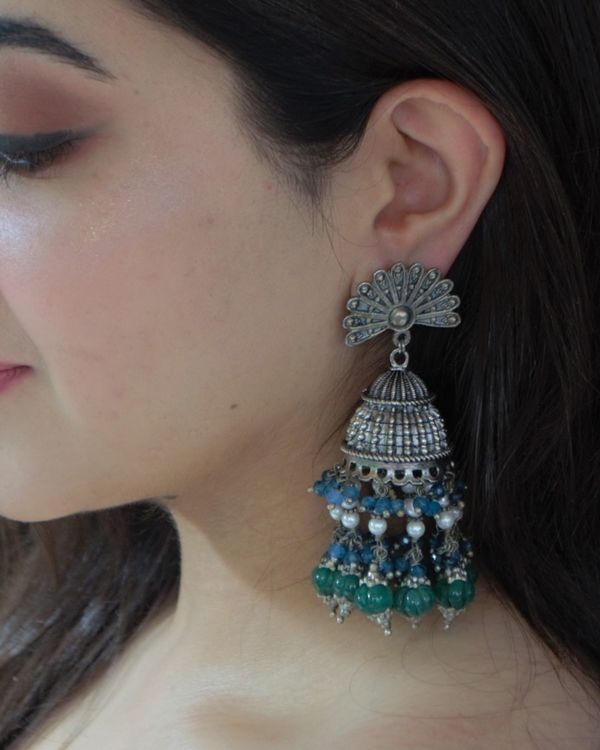 Teal blue and green beaded jhumka 1