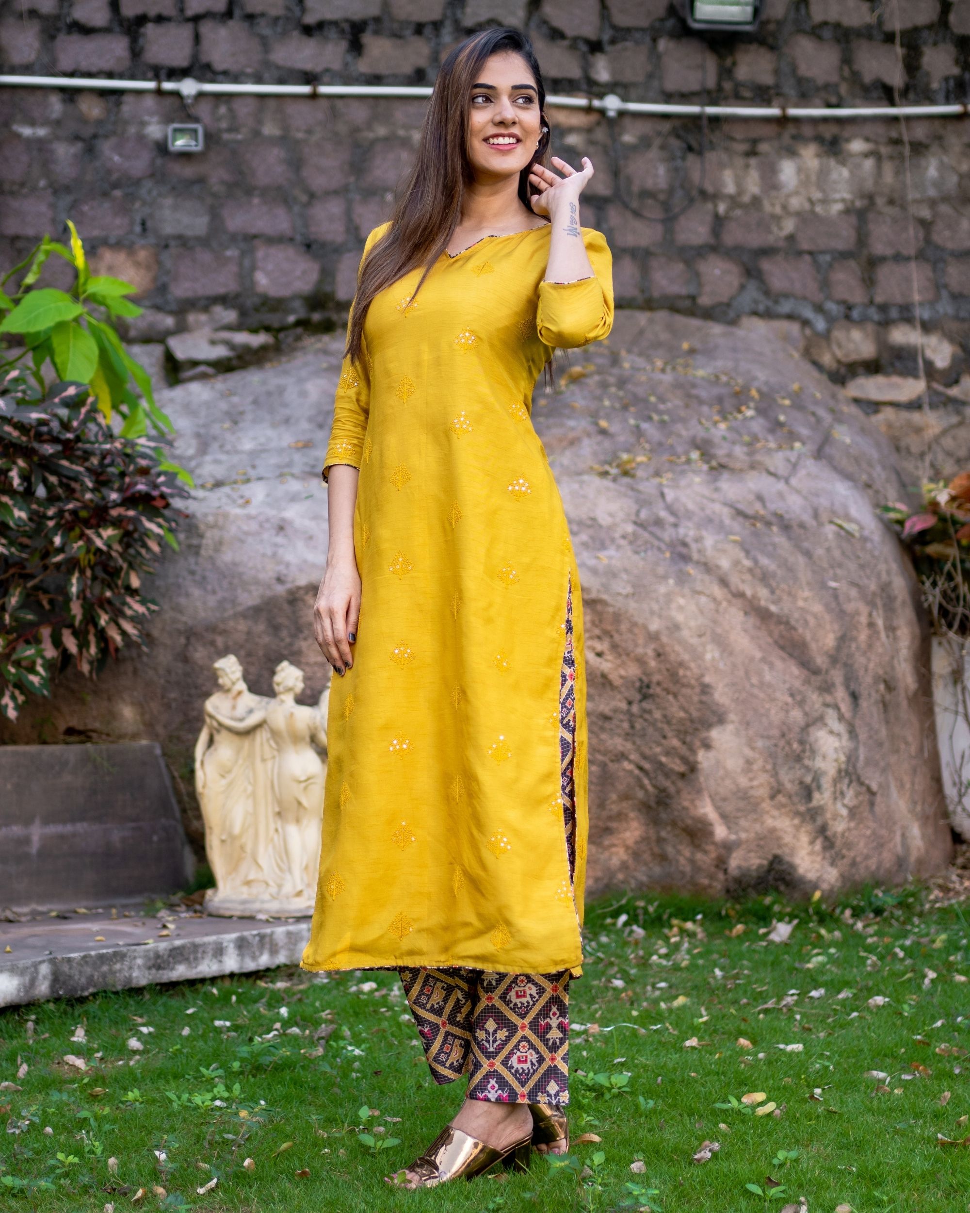 Mustard yellow embroidered kurta with patola pants - Set Of Two by The ...