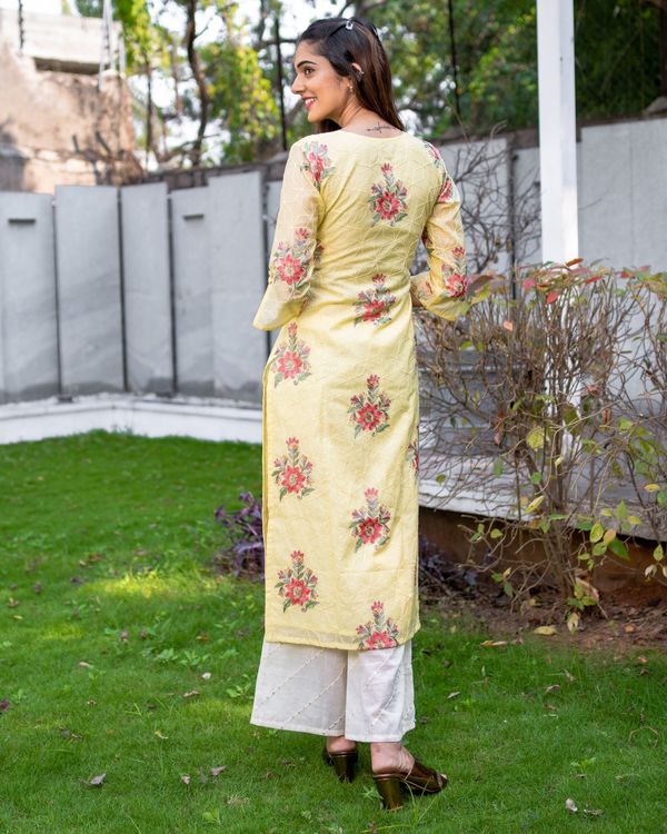 Daffodil yellow embroidered kota kurta with embroidered pants and dupatta - Set Of Three 1