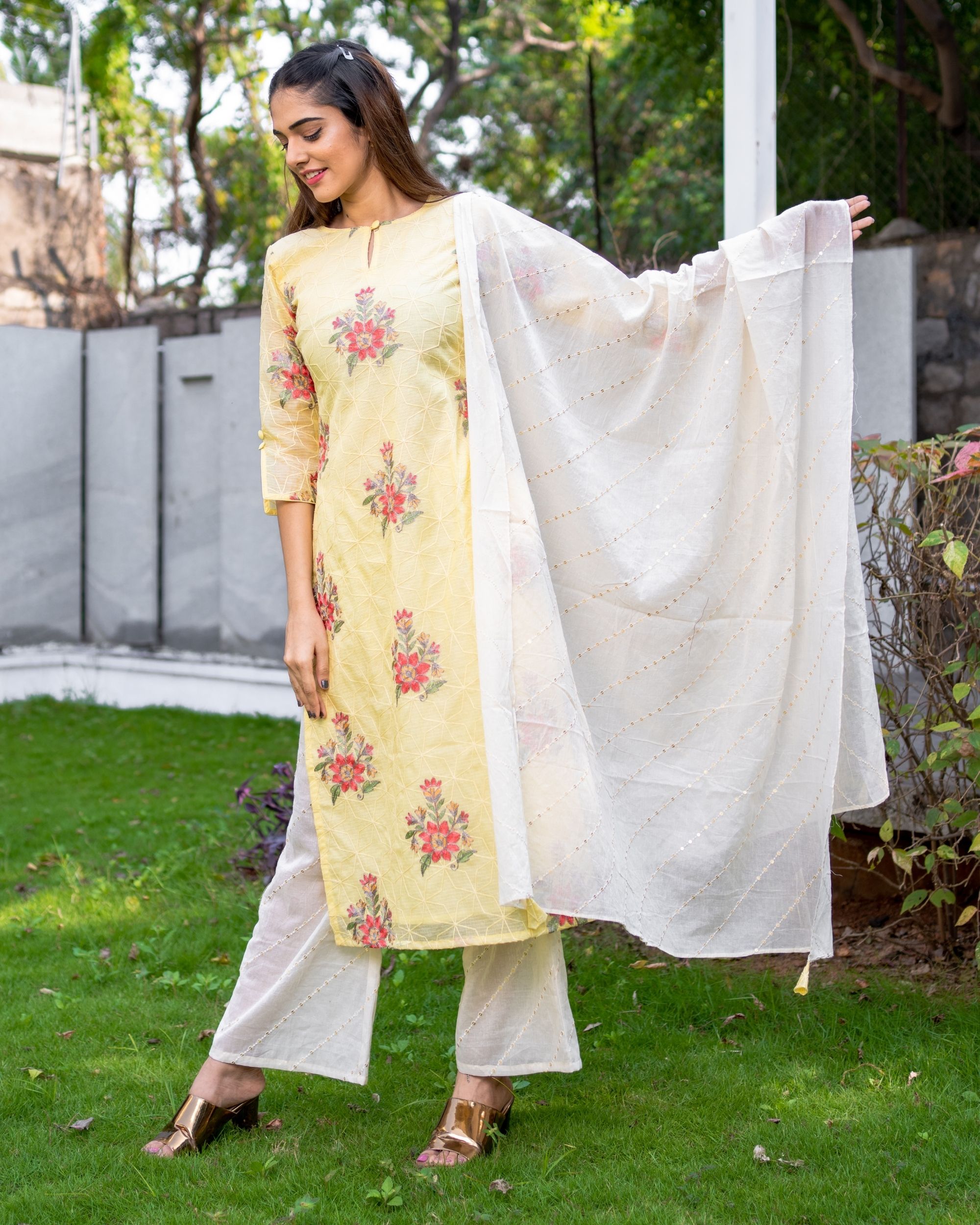 Daffodil yellow embroidered kota kurta with embroidered pants and ...