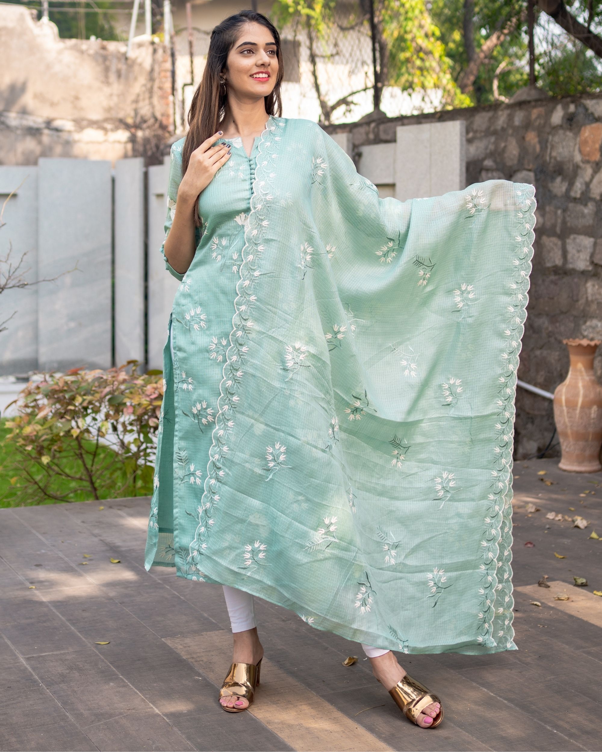 Light teal blue floral embroidered kota kurta with dupatta - Set Of Two ...