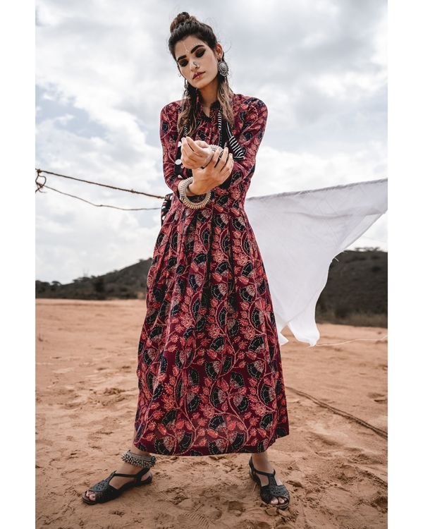Maroon block printed dress 1