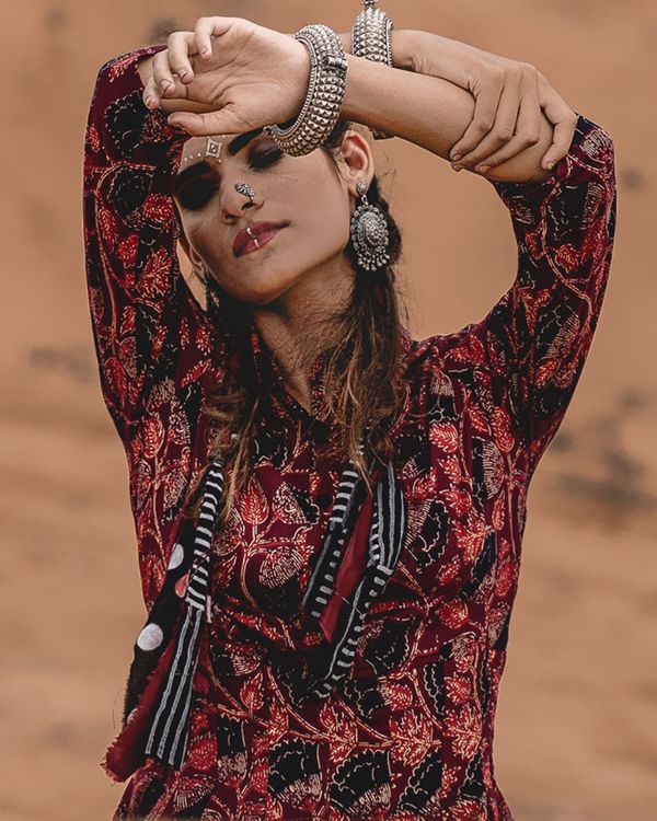 Maroon block printed dress 2
