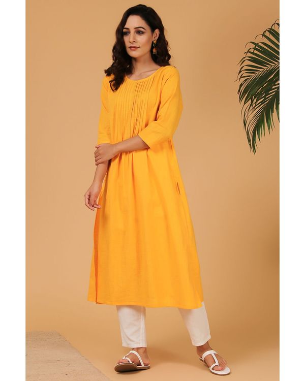 Mustard yellow cotton straight kurta with pin tucks detailing 2