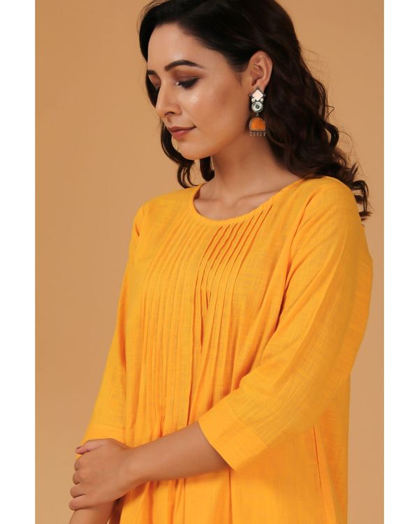 Mustard yellow cotton straight kurta with pin tucks detailing 3