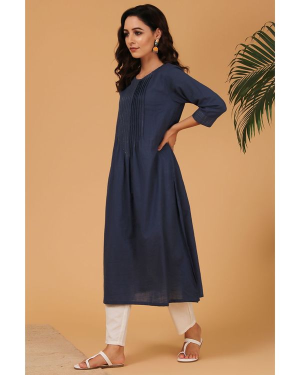 Navy blue cotton kurta with pin tucks detailing 2