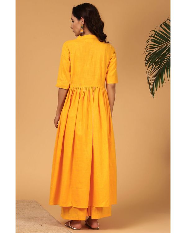 Mustard yellow mandarin anarkali kurta and pants with red dupatta - Set Of Three 1
