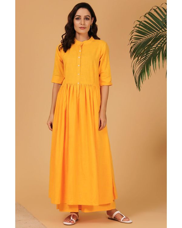 Mustard yellow mandarin anarkali kurta and pants with red dupatta - Set Of Three 2