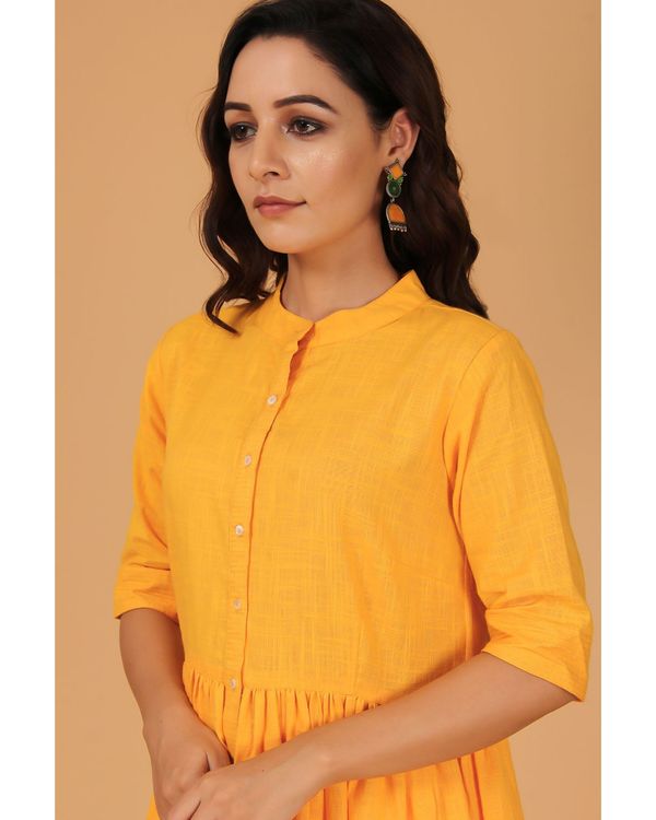 Mustard yellow mandarin anarkali kurta and pants with red dupatta - Set Of Three 3