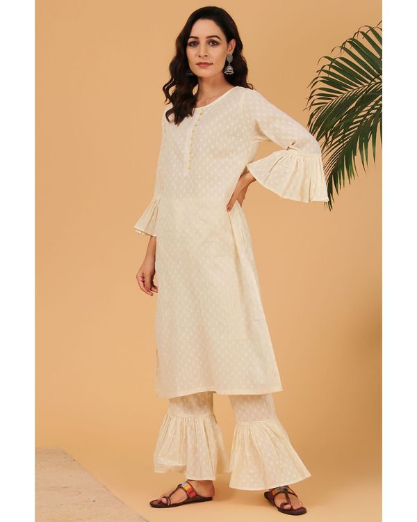 Off white polka ruffled kurta and pants - Set Of Two 2