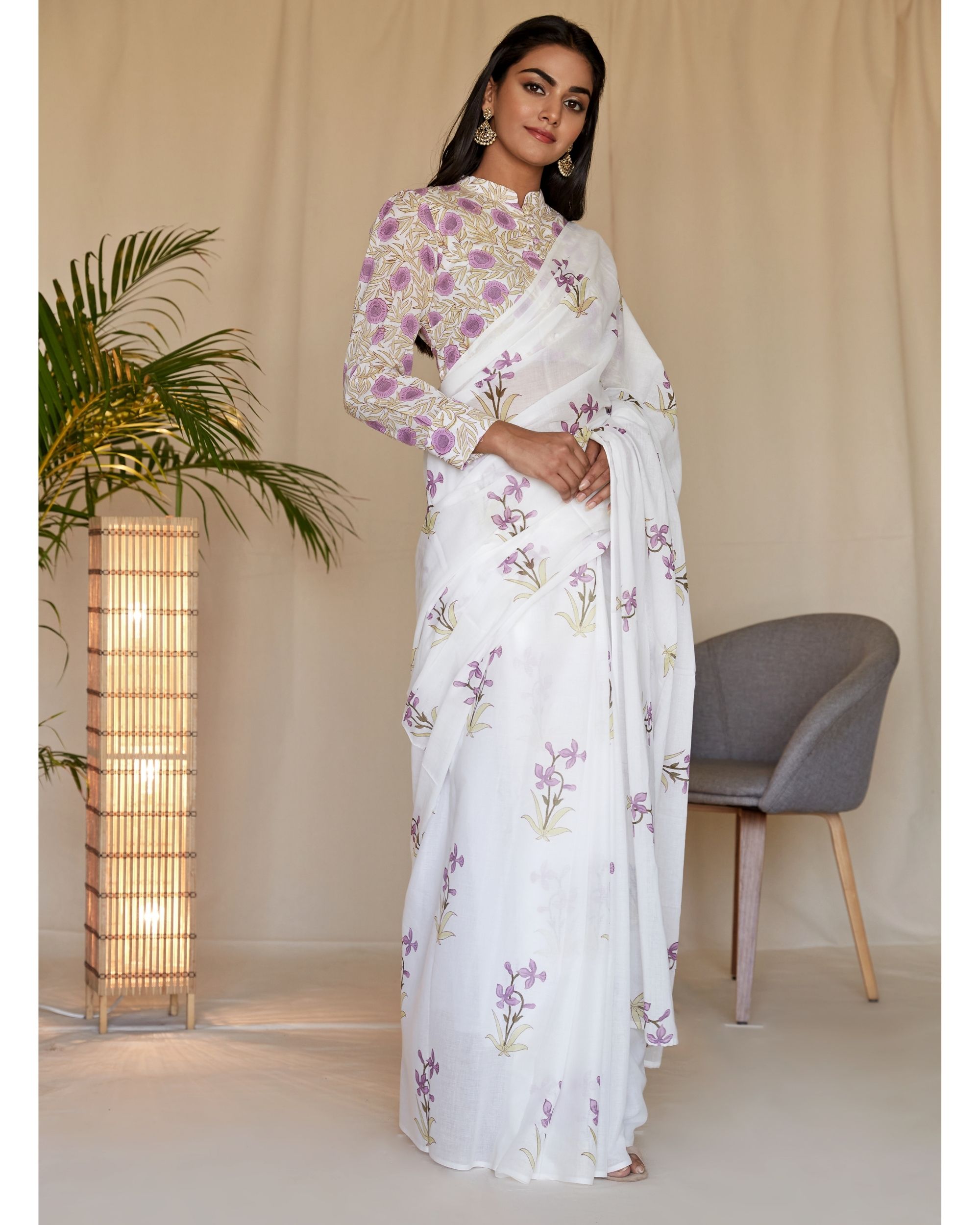 Lilac lily block printed sari with blouse - Set Of Two by Alaya | The