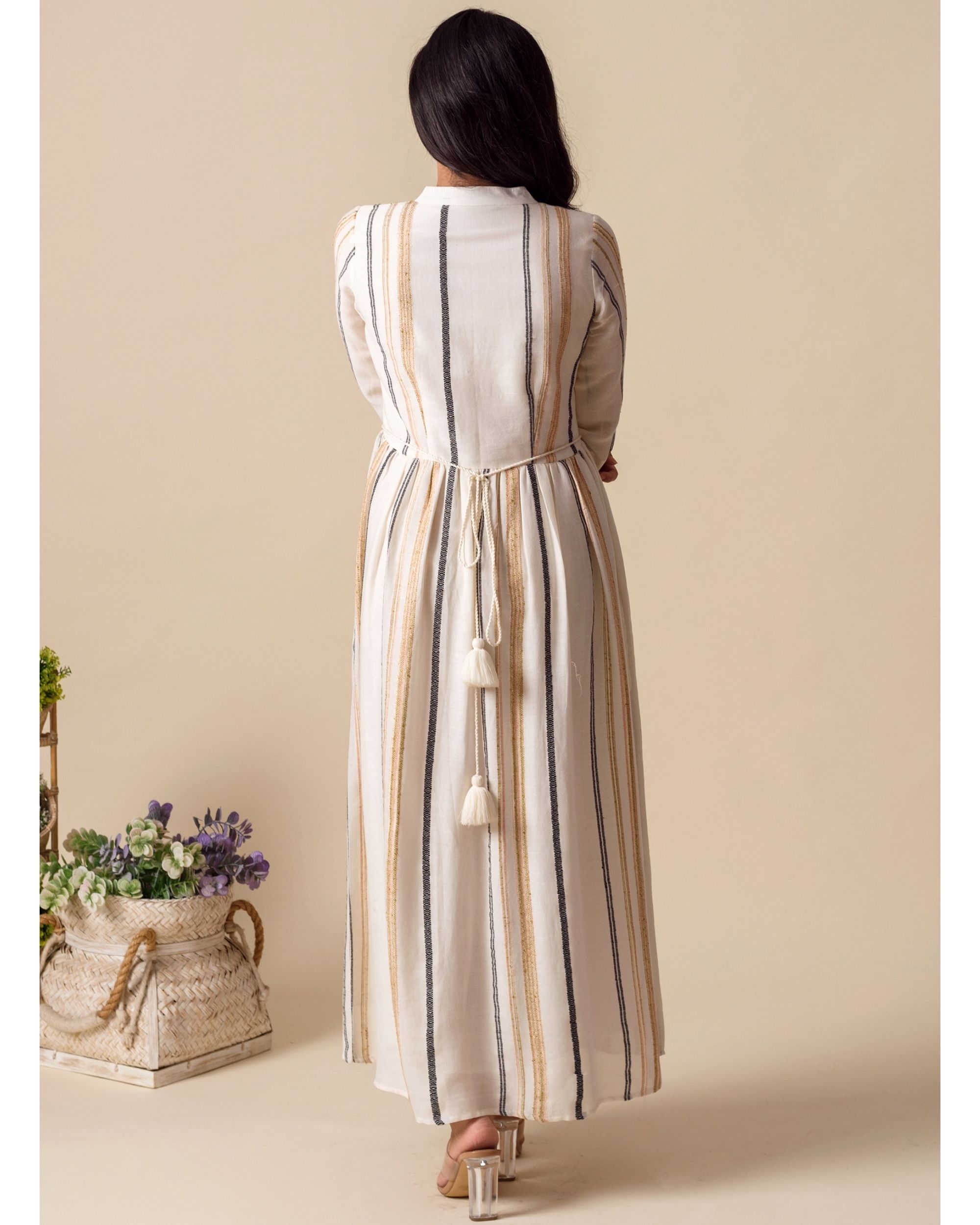 Off white striped button down maxi dress by Kapraaha The Secret Label