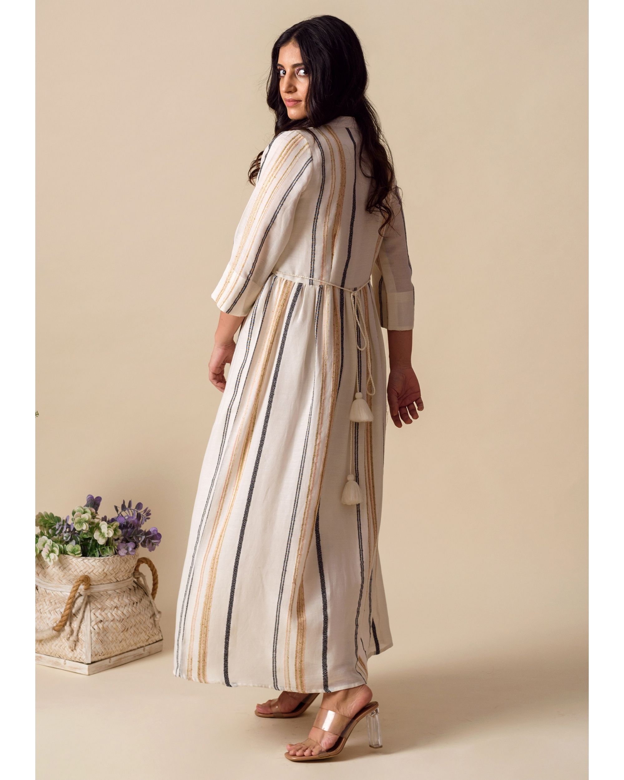 Off white striped button down maxi dress by Kapraaha The Secret Label