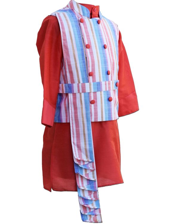 Striped pleated jacket with coral kurta and pants - Set Of Three 1