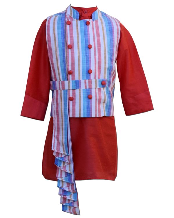 Striped pleated jacket with coral kurta and pants - Set Of Three 2