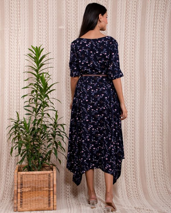 Navy blue floral printed asymmetrical dress with belt - Set Of Two 1