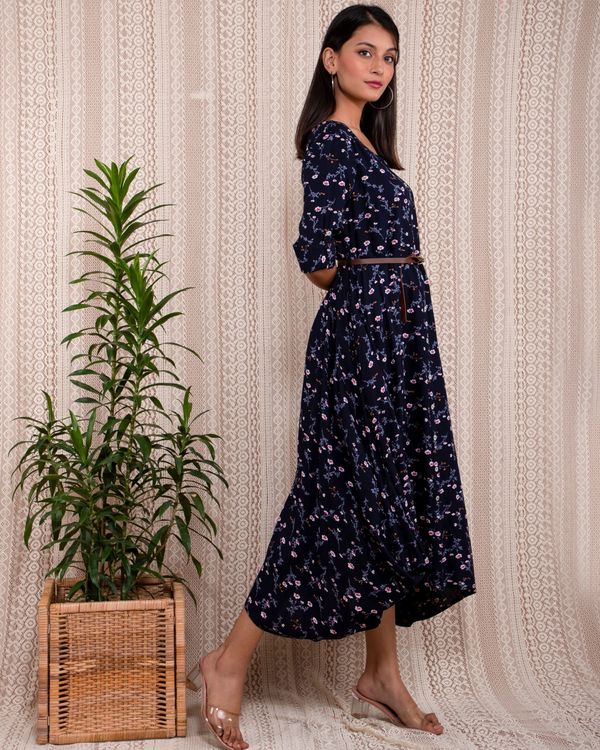Navy blue floral printed asymmetrical dress with belt - Set Of Two 2