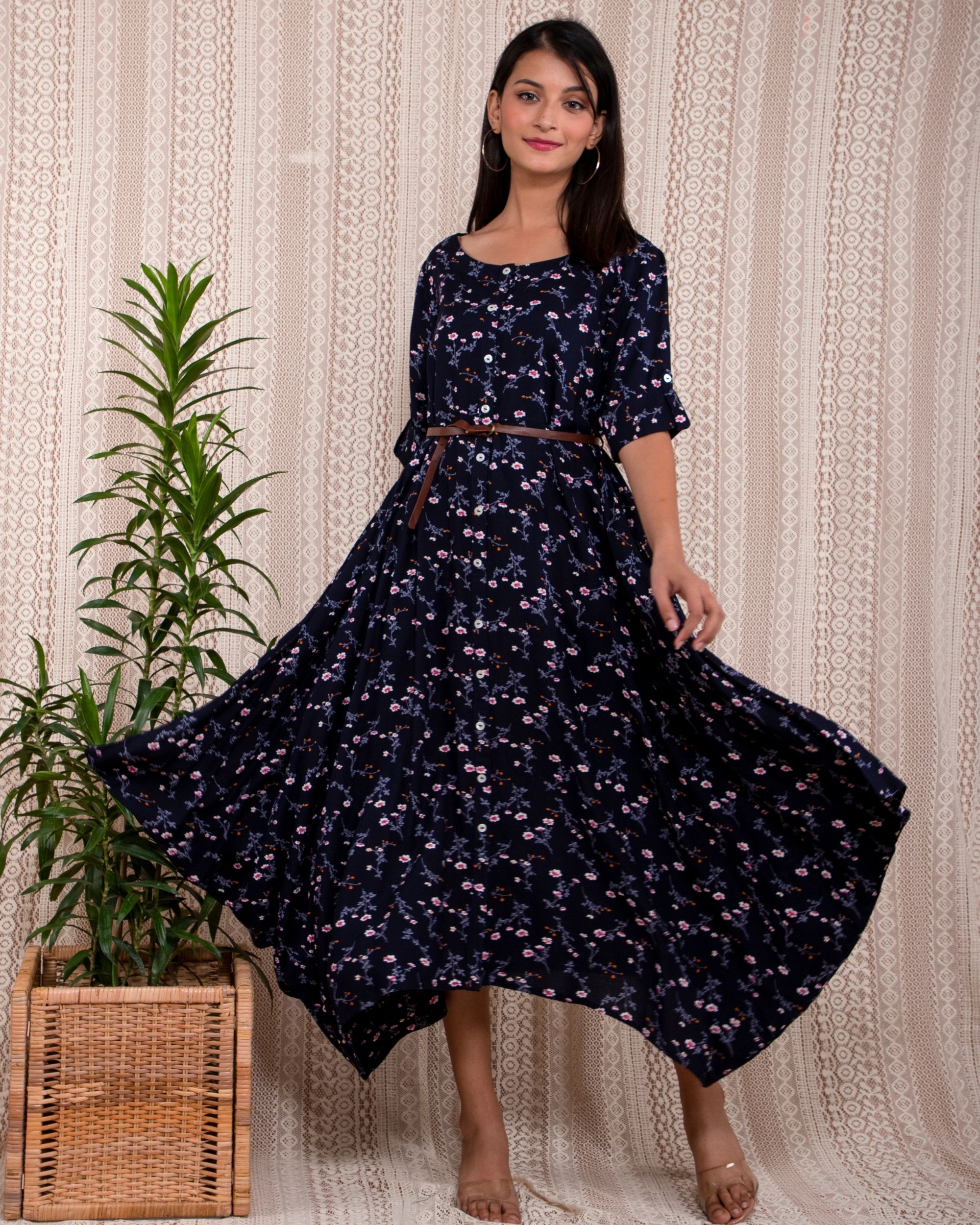 Navy blue floral printed asymmetrical dress with belt - Set Of Two by ...