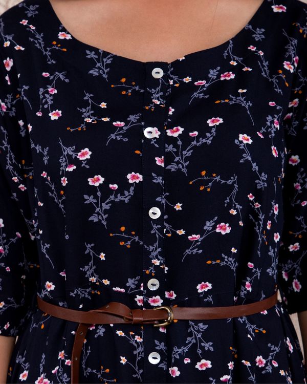 Navy blue floral printed asymmetrical dress with belt - Set Of Two 4