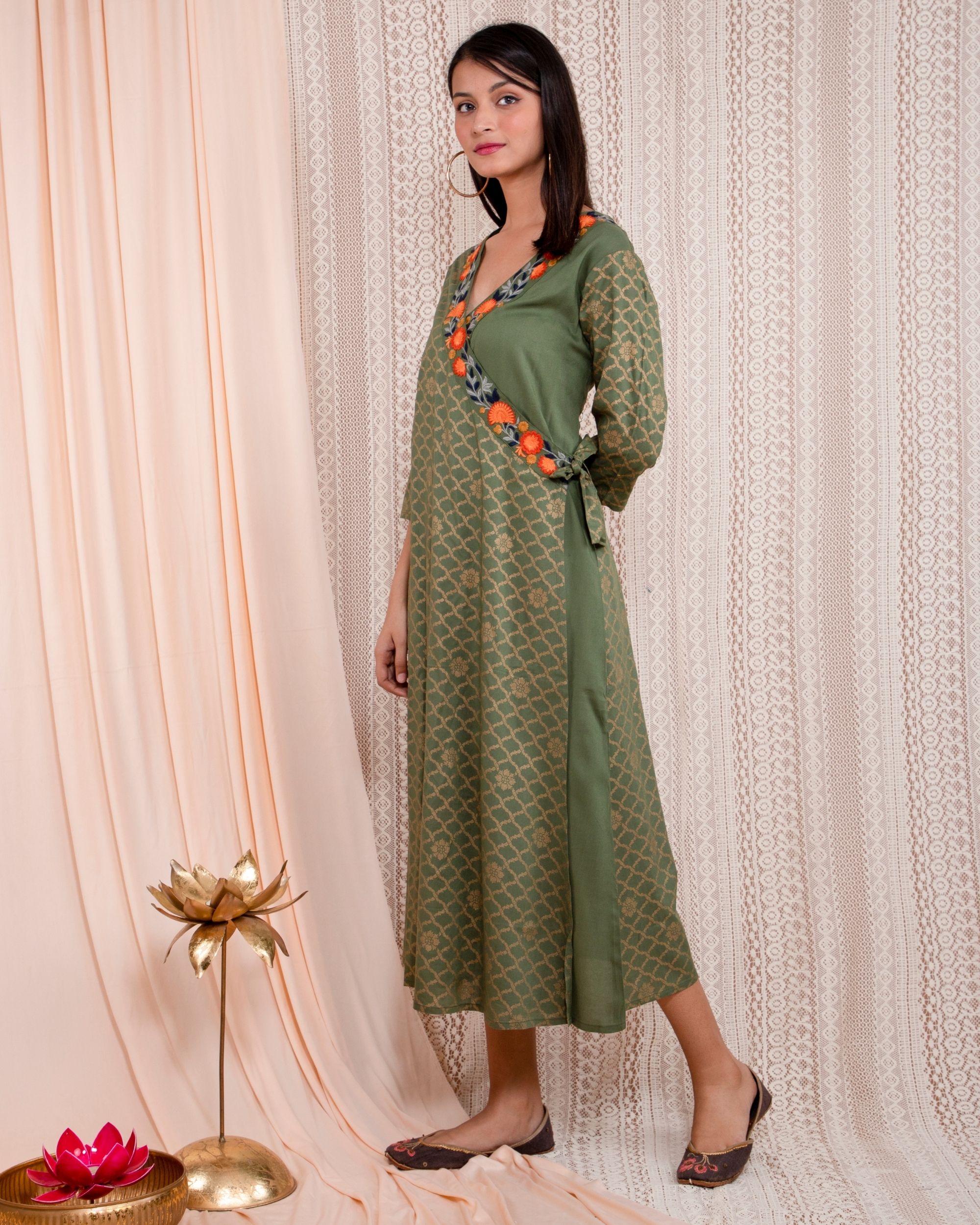 Olive green embroidered on sale dress