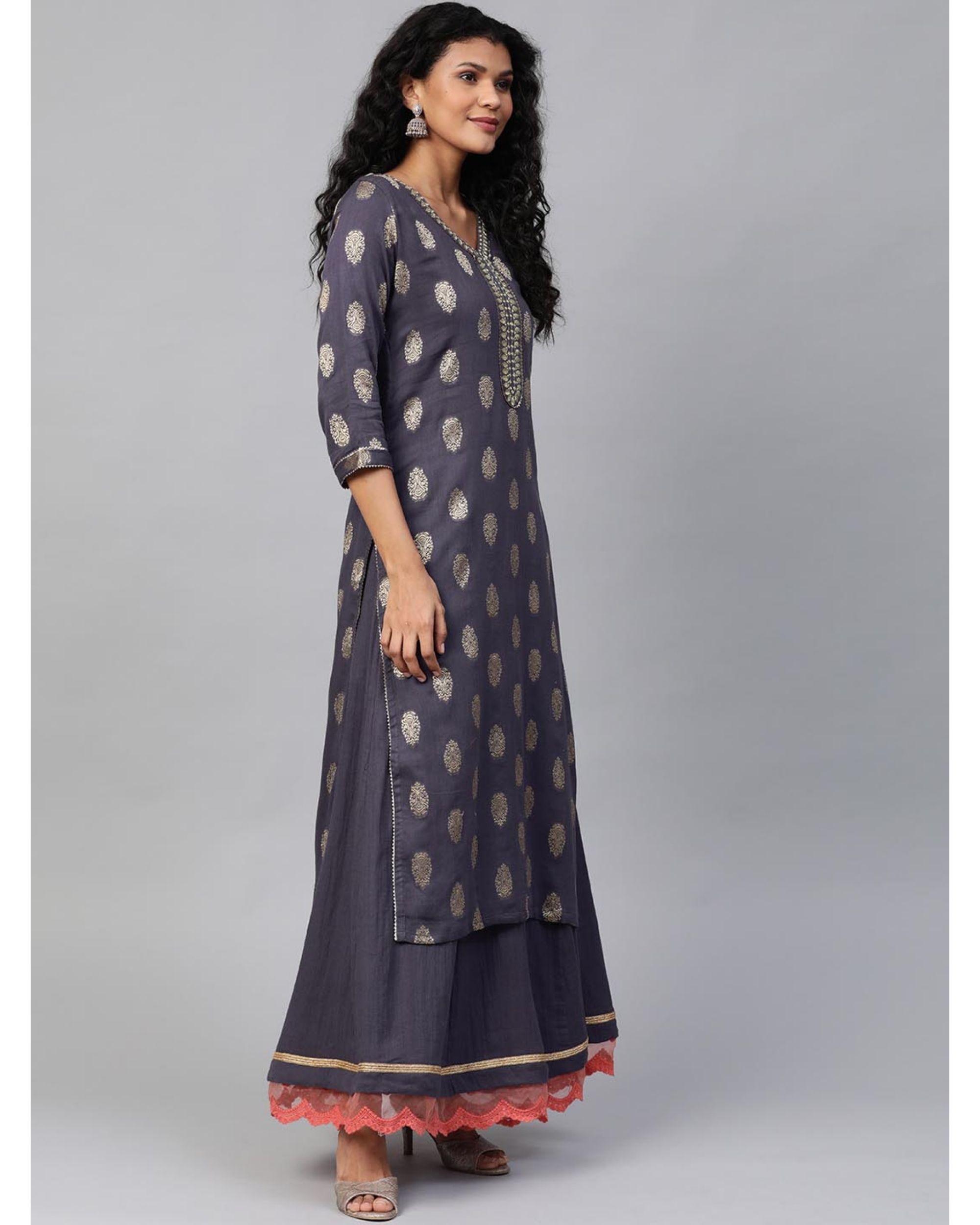 Charcoal grey zari kurta and skirt with orange dupatta Set Of Three