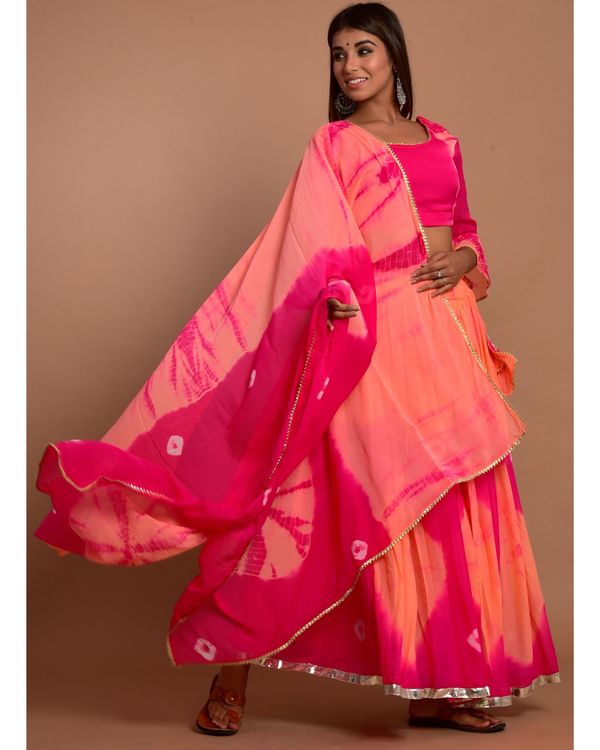 Hot pink and peach tie and dye choli and lehenga with dupatta - Set Of Three 1