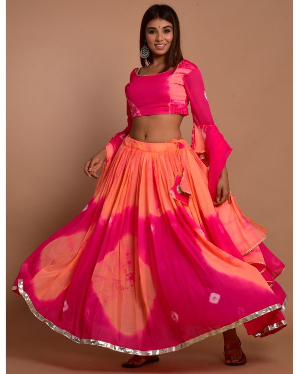 Hot pink and peach tie and dye choli and lehenga with dupatta - Set Of Three 2