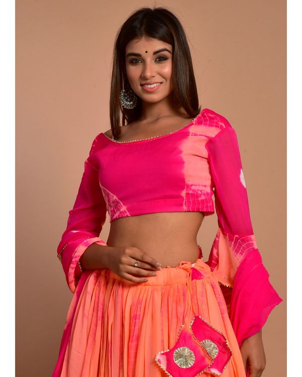 Hot pink and peach tie and dye choli and lehenga with dupatta - Set Of Three 3