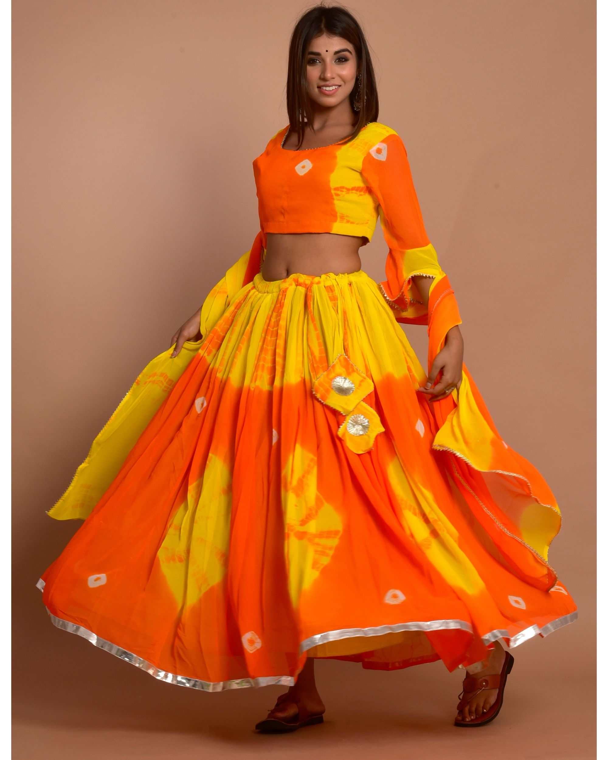 Orange and yellow tie and dye choli and lehenga with dupatta - Set Of ...