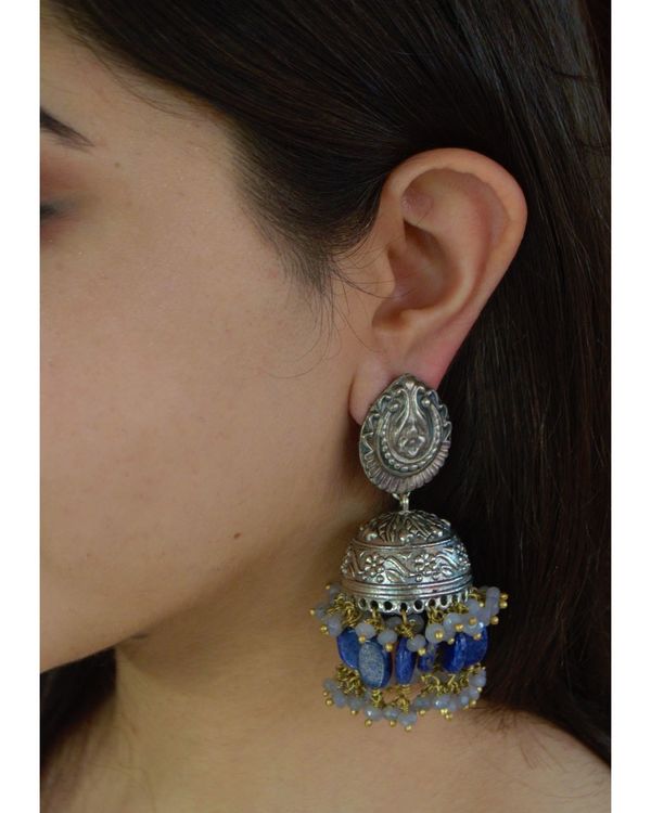 Lilac and blue beaded and engraved jhumka 1