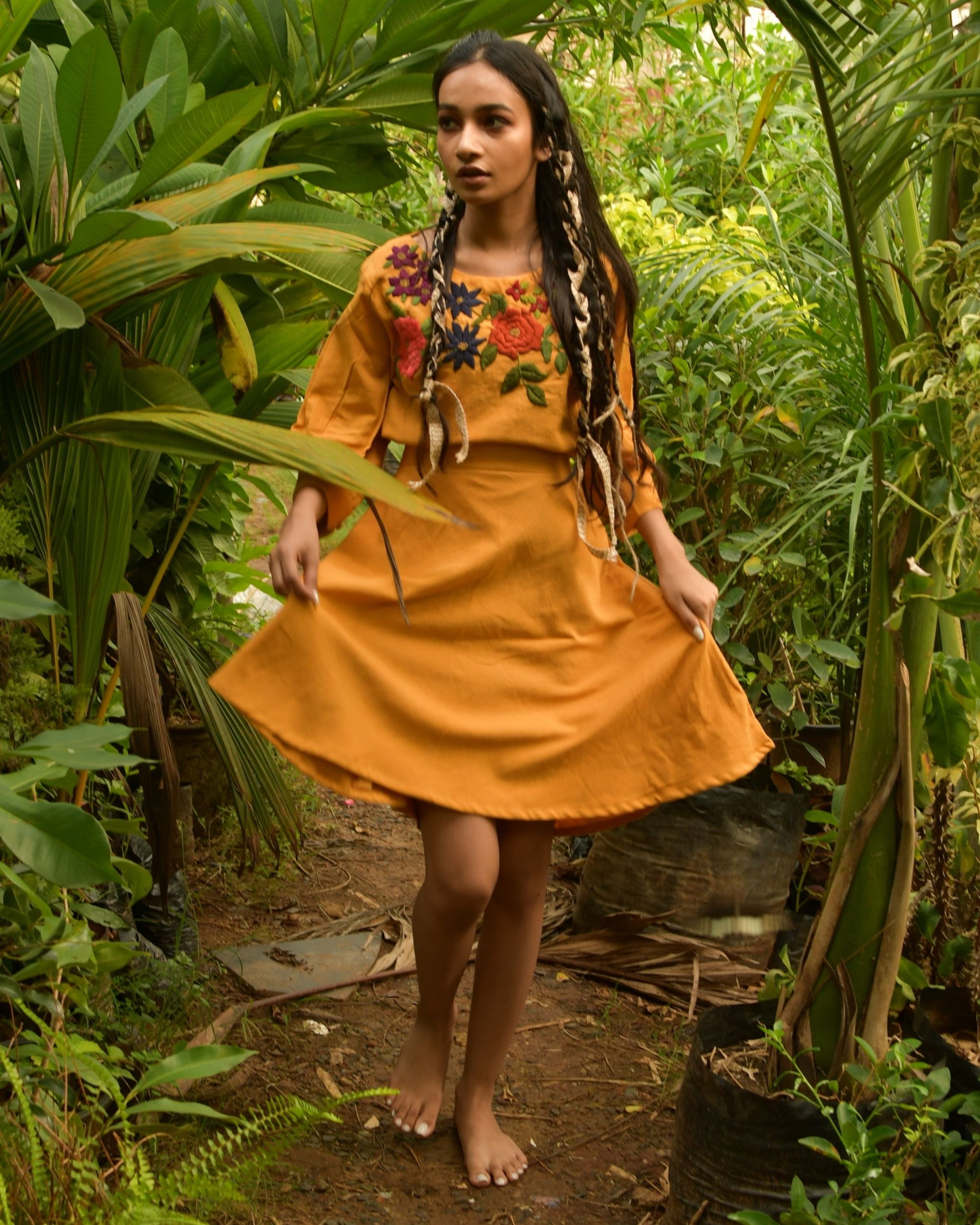 Mustard yellow hand embroidered crop top with skirt Set Of Two by