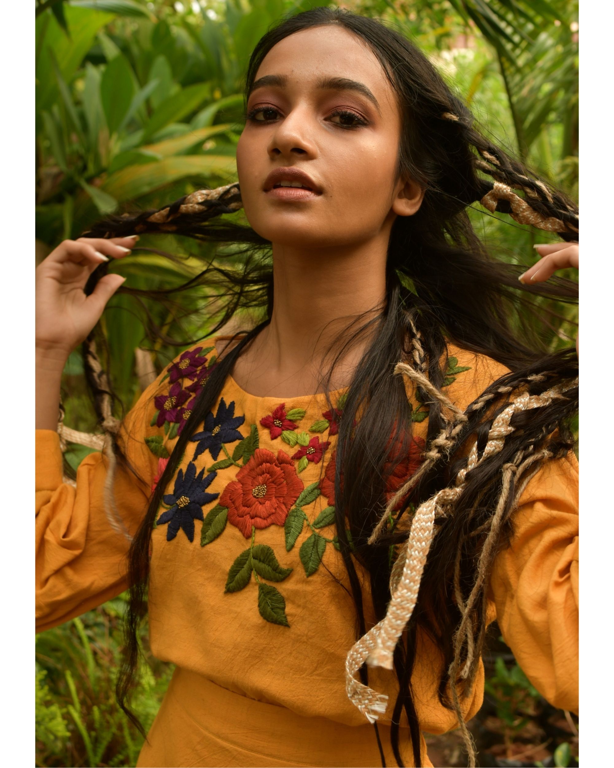 Mustard yellow hand embroidered crop top with skirt Set Of Two by