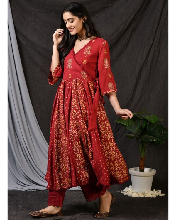 Red block printed gathered anarkali kurta 2
