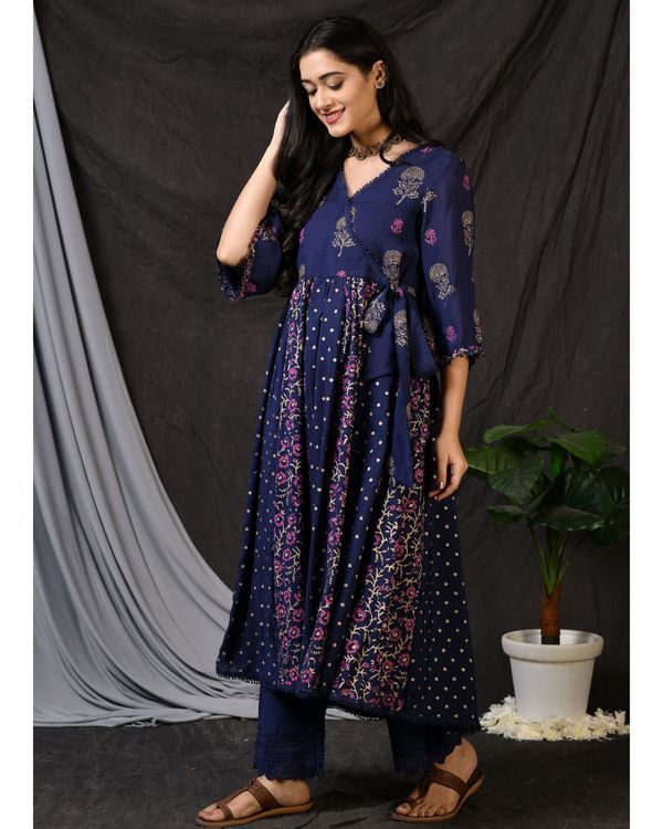 Blue block printed gathered anarkali kurta 2