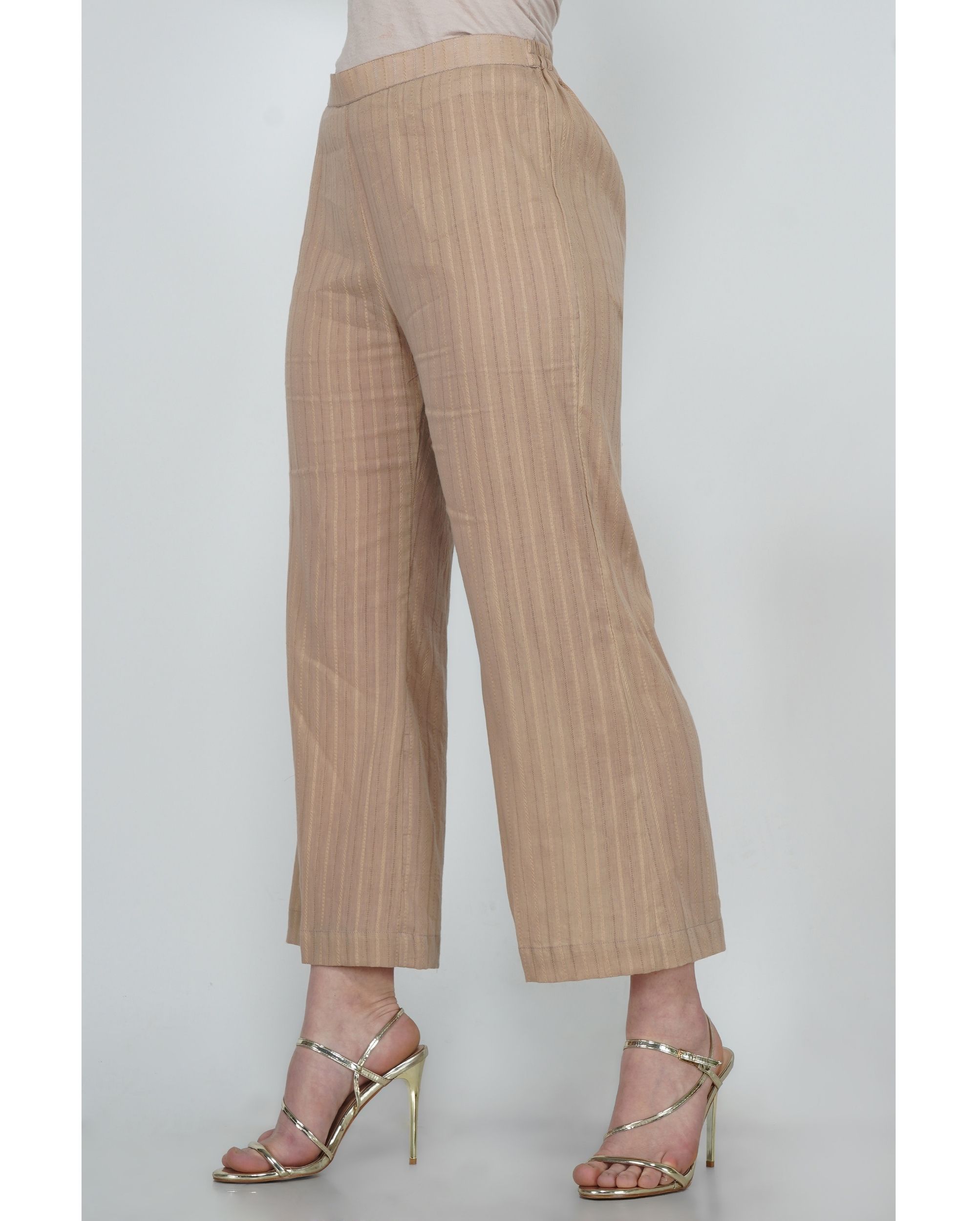 Champagne striped leno cotton pants by Vintage Loom | The Secret Label