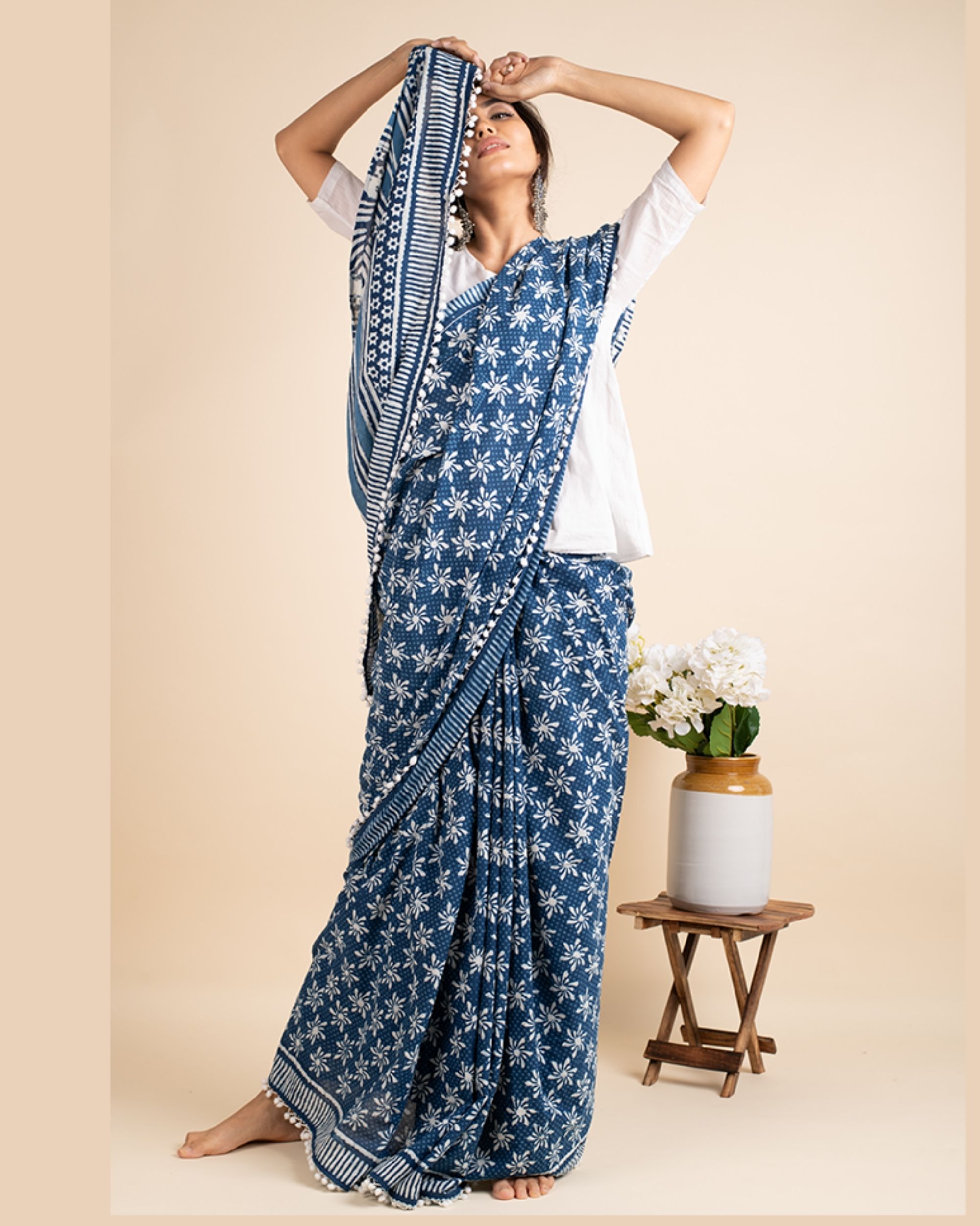 Indigo cotton lace sari with attached blouse piece by Buttoned Down ...