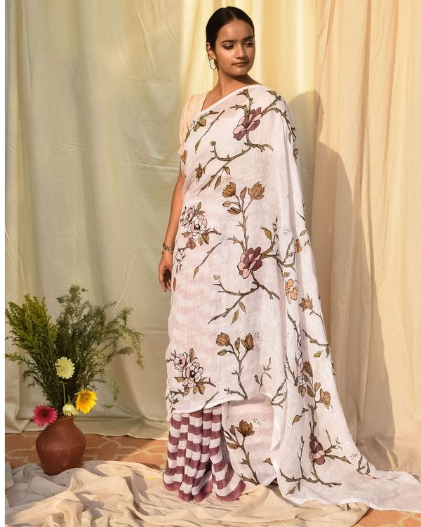 White floral hand painted sari 2
