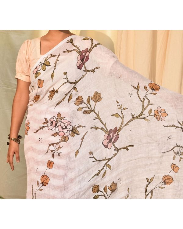 White floral hand painted sari 1