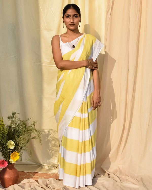 Yellow and white striped hand painted sari 1