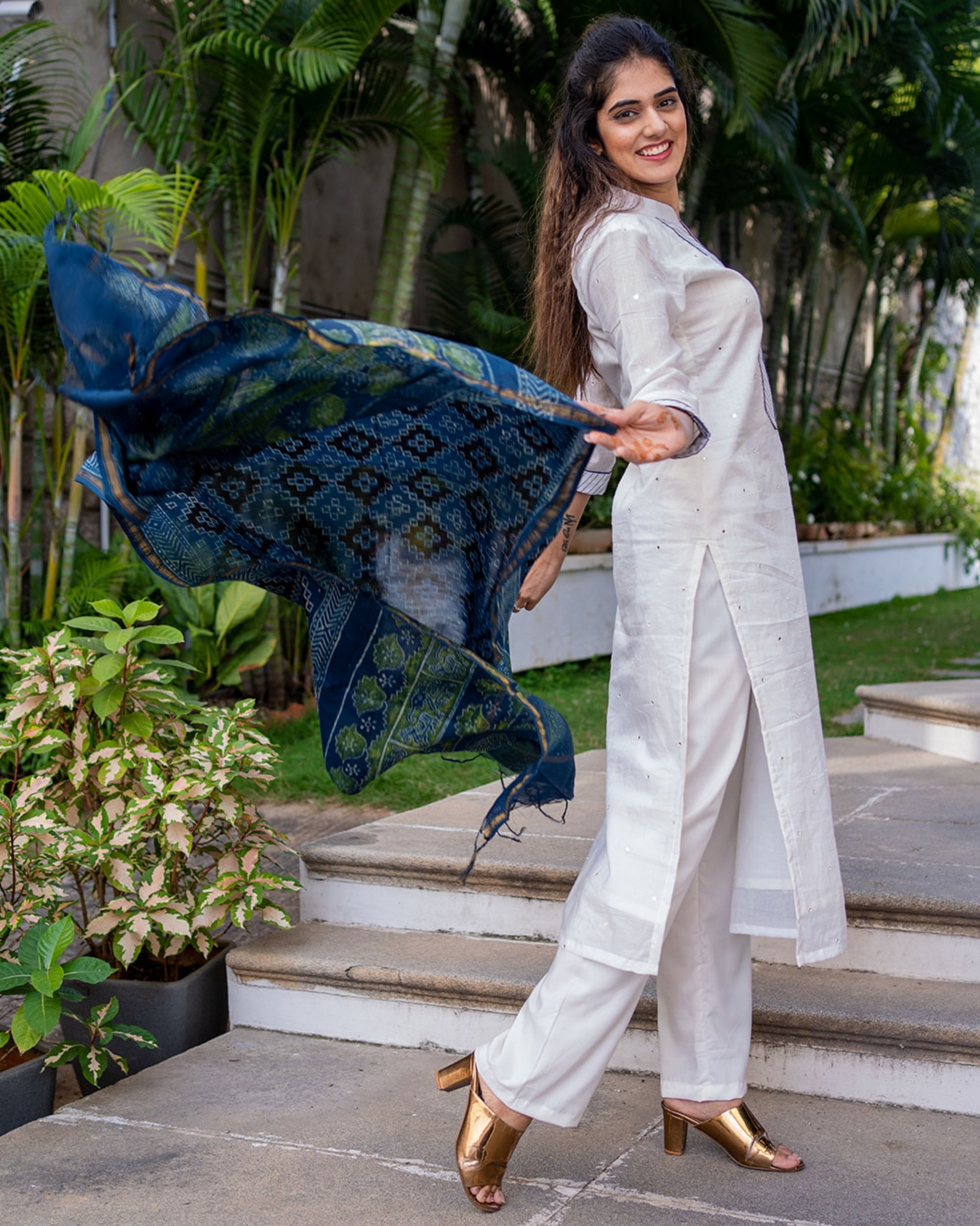 White and blue mirror work kurta set with dupatta set of three by