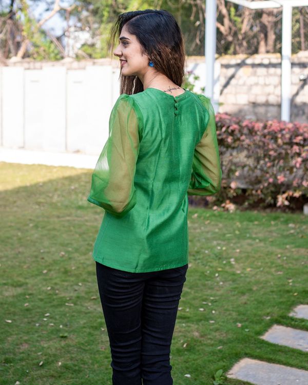 Green chanderi top with organza sleeves 1