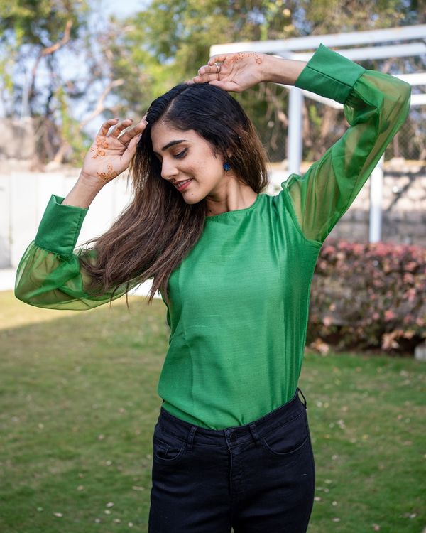 Green chanderi top with organza sleeves 2