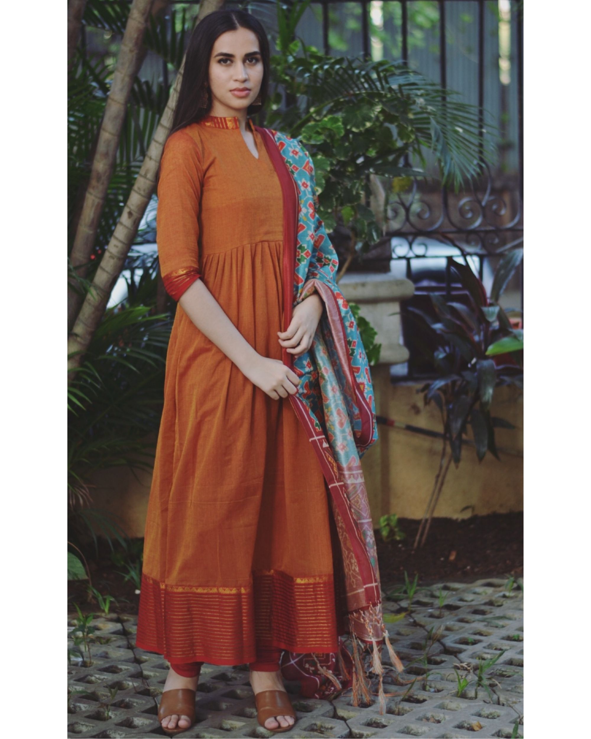 Orange Flared Dress With Dupatta Set Of Two By Tie And Dye Tale The