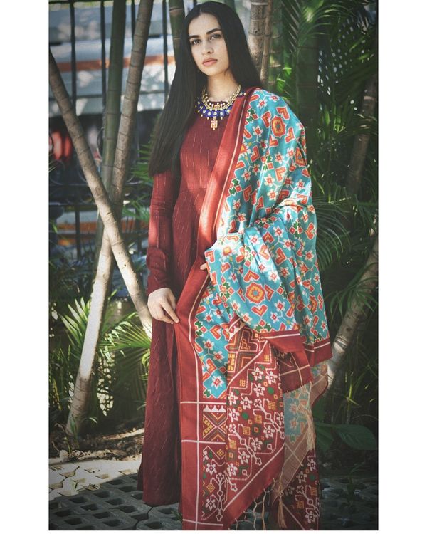 Maroon flared dress with light blue dupatta - set of two 1
