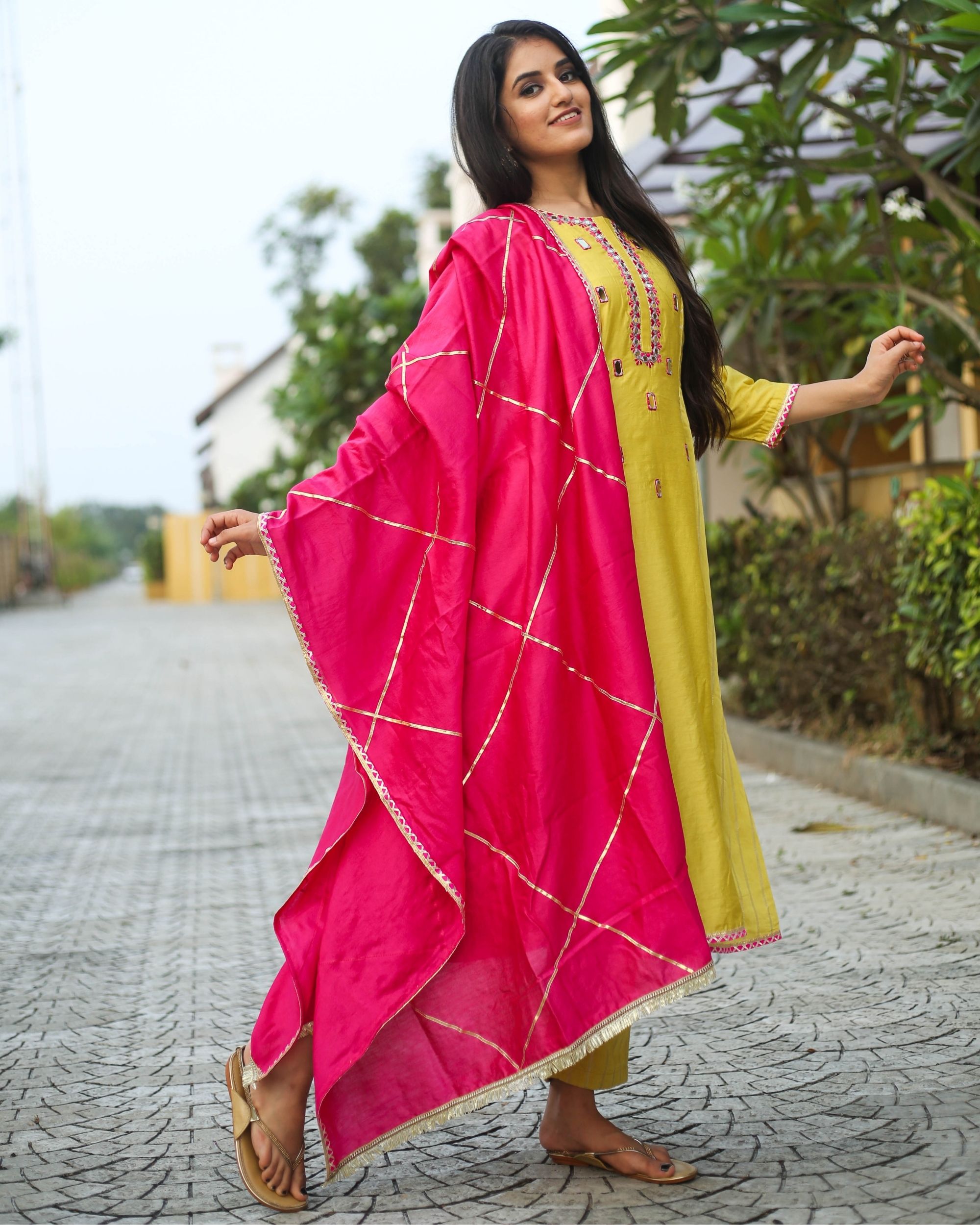 Lemon yellow chanderi suit - set of three by Shreetatvam | The Secret Label