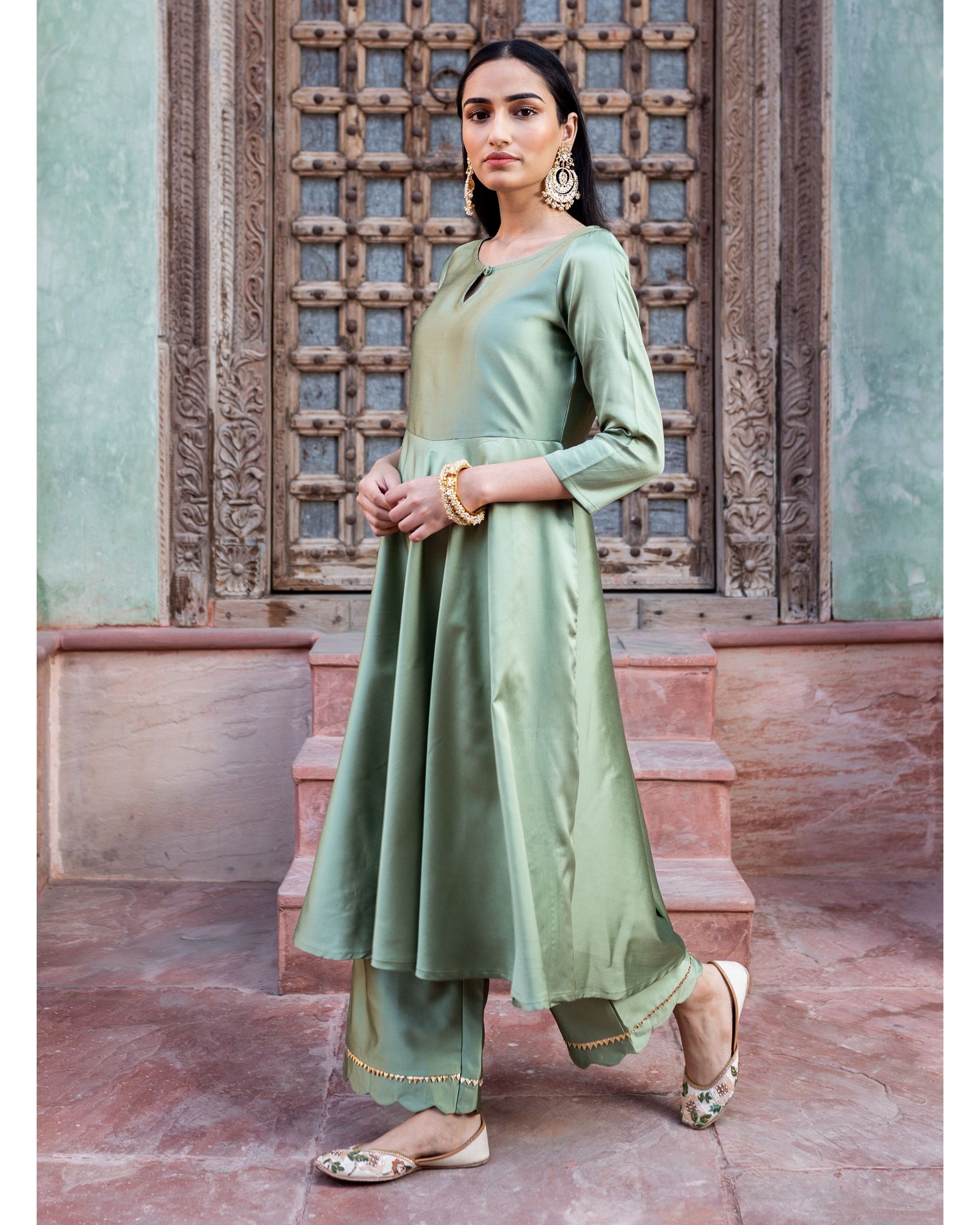 Mint green flared suit set - set of three by Empress Pitara | The ...