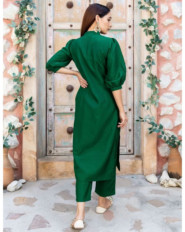 Emerald green silk suit with bandhej dupatta - set of three 3